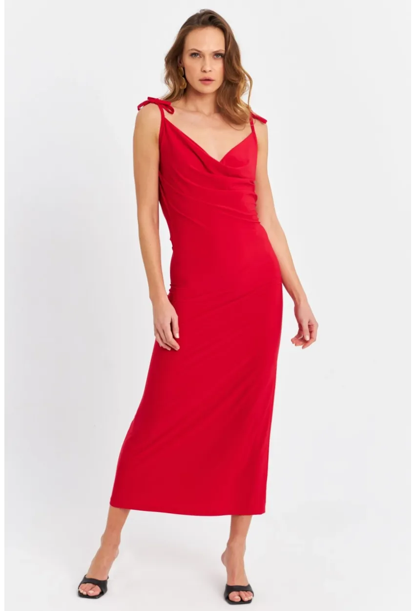 Kadın Kırmızı Degaje Maxi Elbise HOR0071