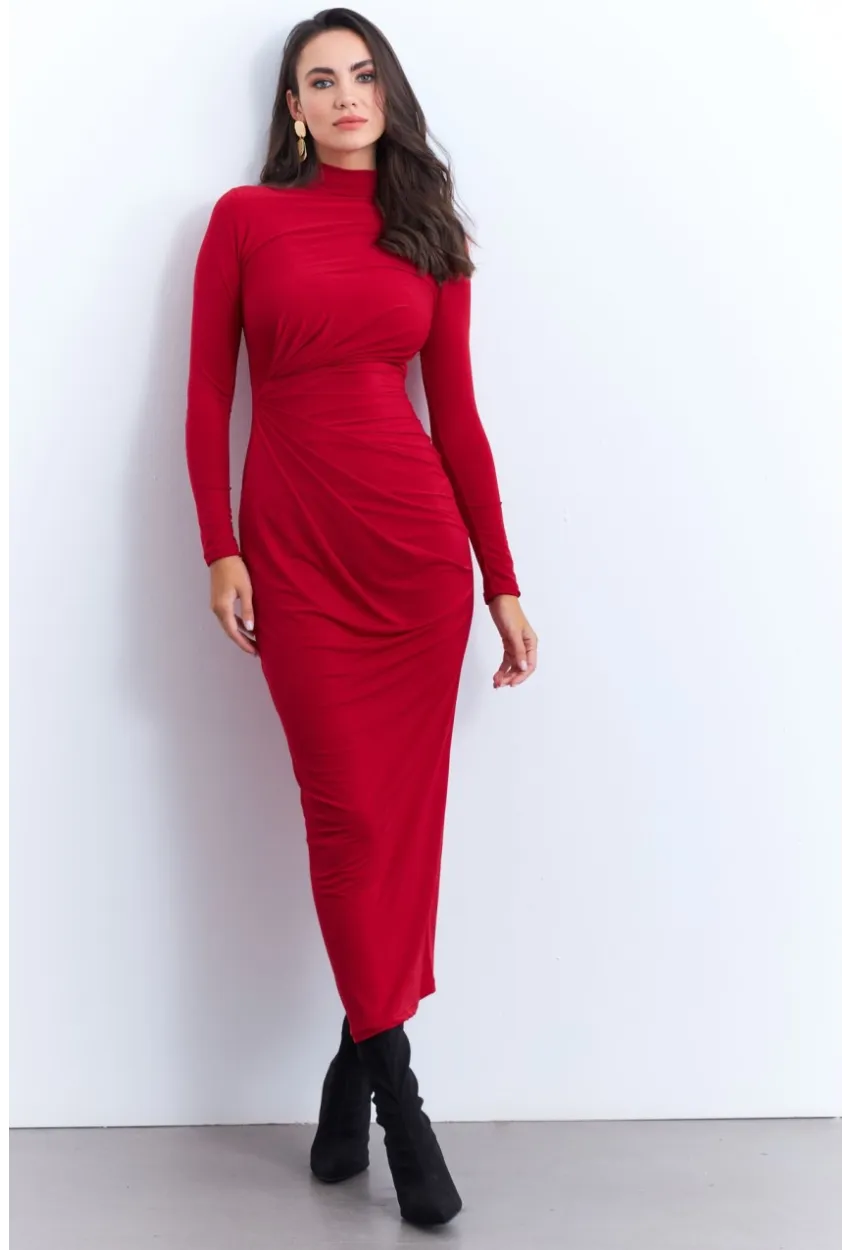Kadın Kırmızı Drapeli Maxi Elbise LİK12