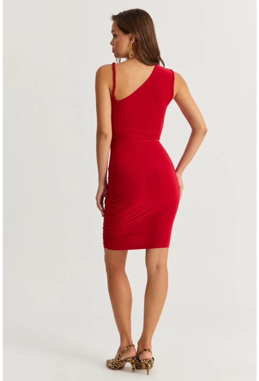 Kadın Kırmızı Drapeli Midi Elbise ELT155