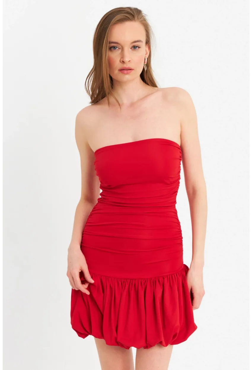 Kadın Kırmızı Drapeli Mini Elbise B6033