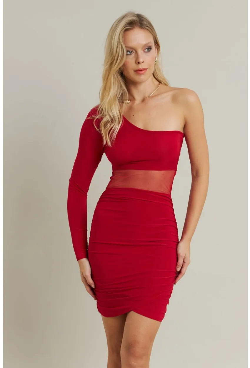 Kadın Kırmızı Drapeli Tül Detaylı Mini Elbise ELT3850