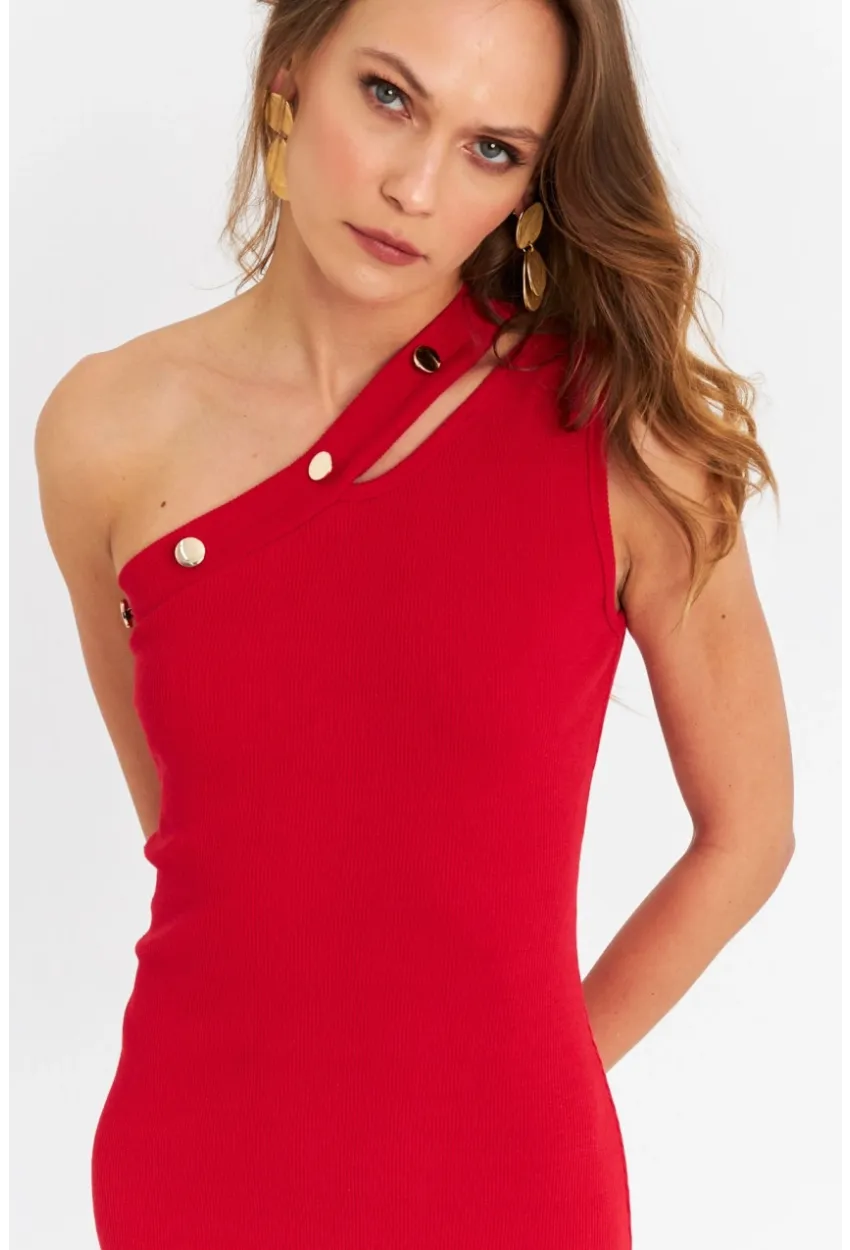 Kadın Kırmızı Düğme Aksesuarlı Kaşkorse Midi Elbise EY3081