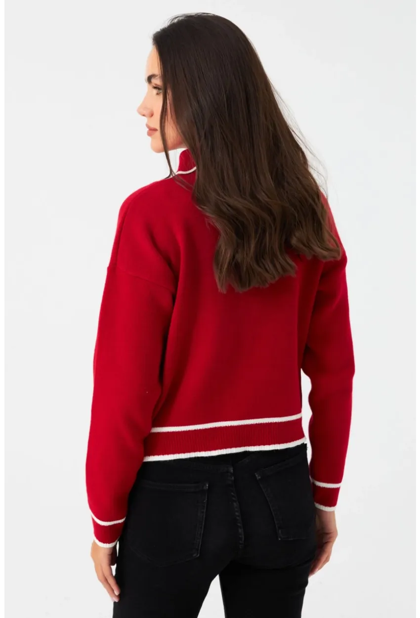 Kadın Kırmızı Düğme Aksesuarlı Kazak MCNG802