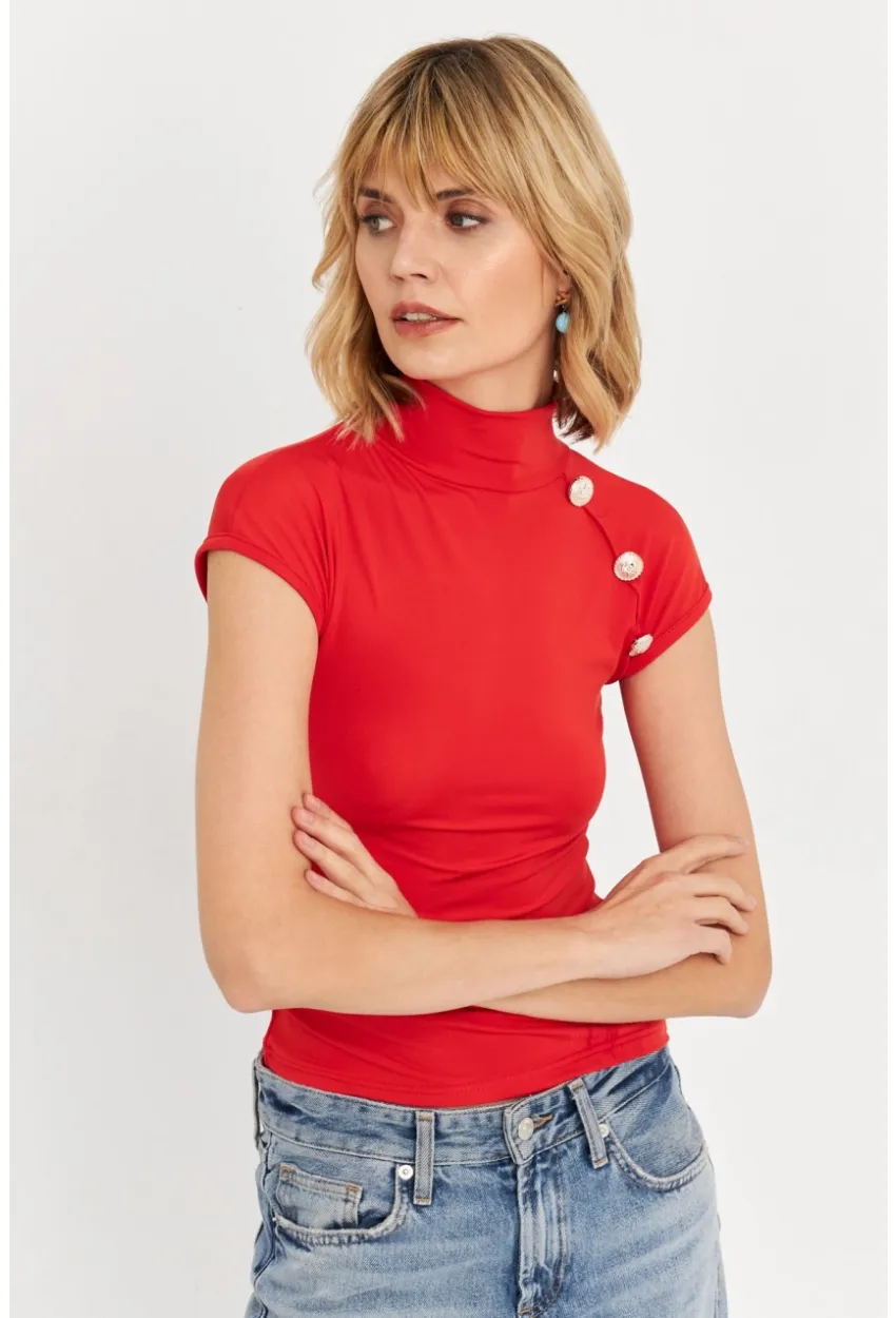 Kadın Kırmızı Düğme Detaylı Bluz EY3027