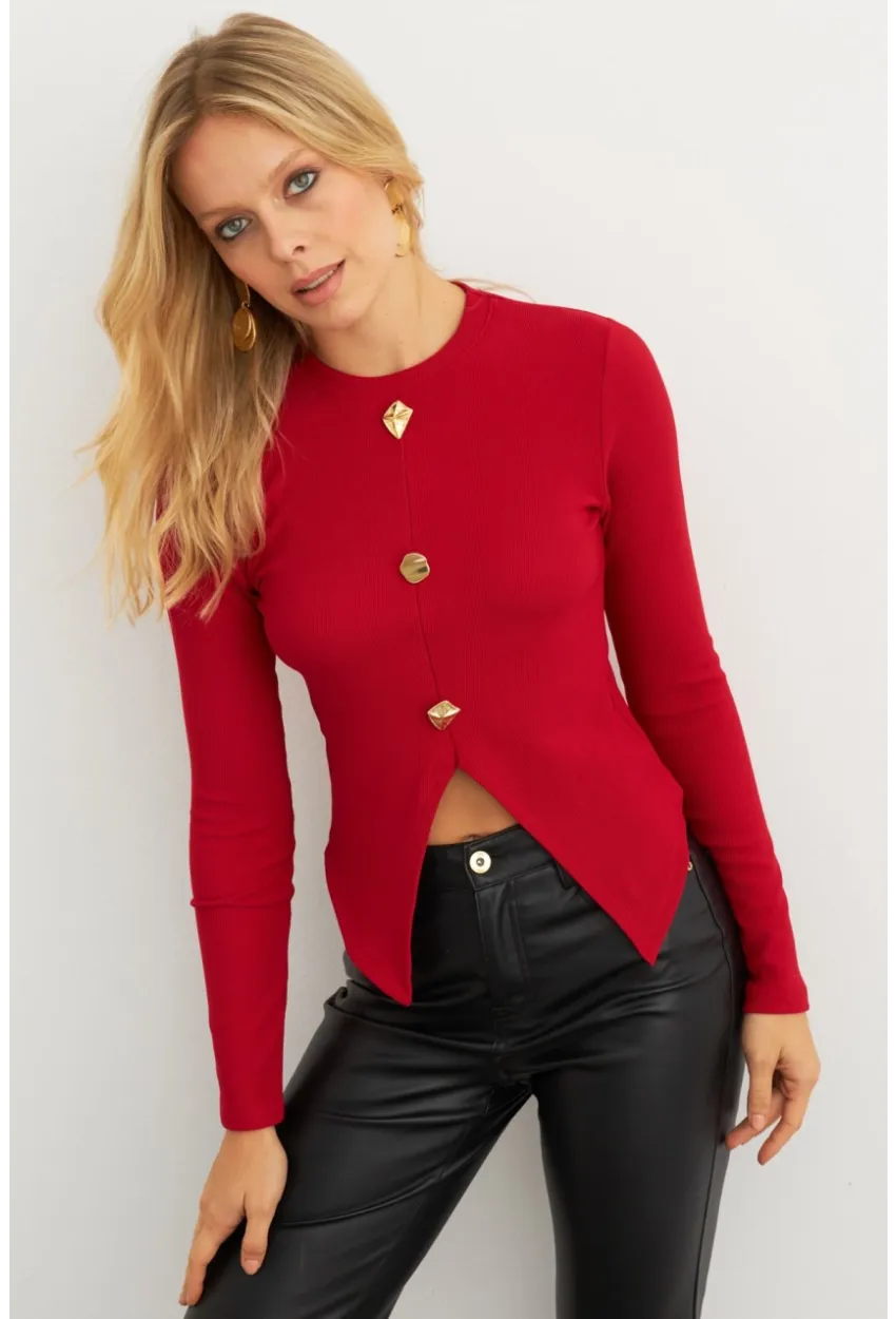Kadın Kırmızı Düğme Detaylı Bluz RLO83