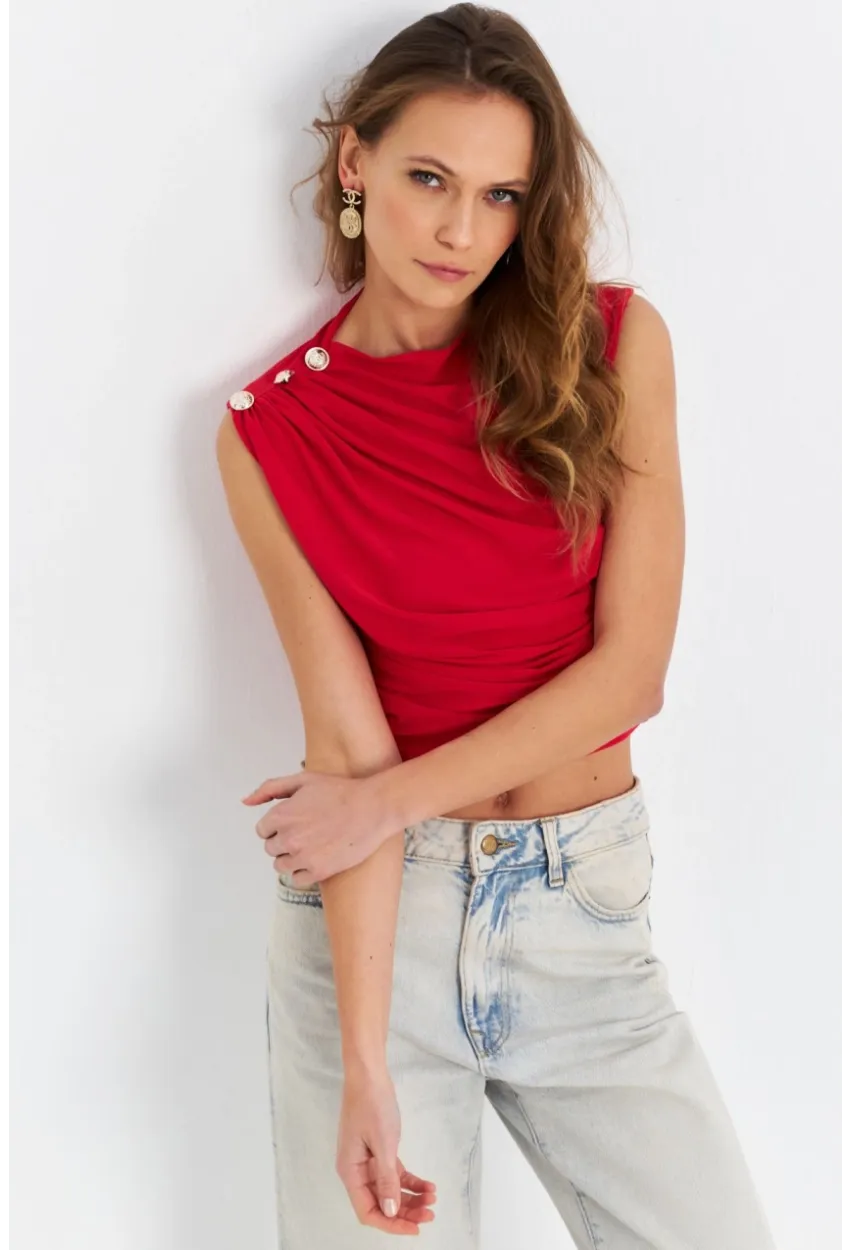 Kadın Kırmızı Düğme Detaylı Büzgülü Bluz LPP1205-1