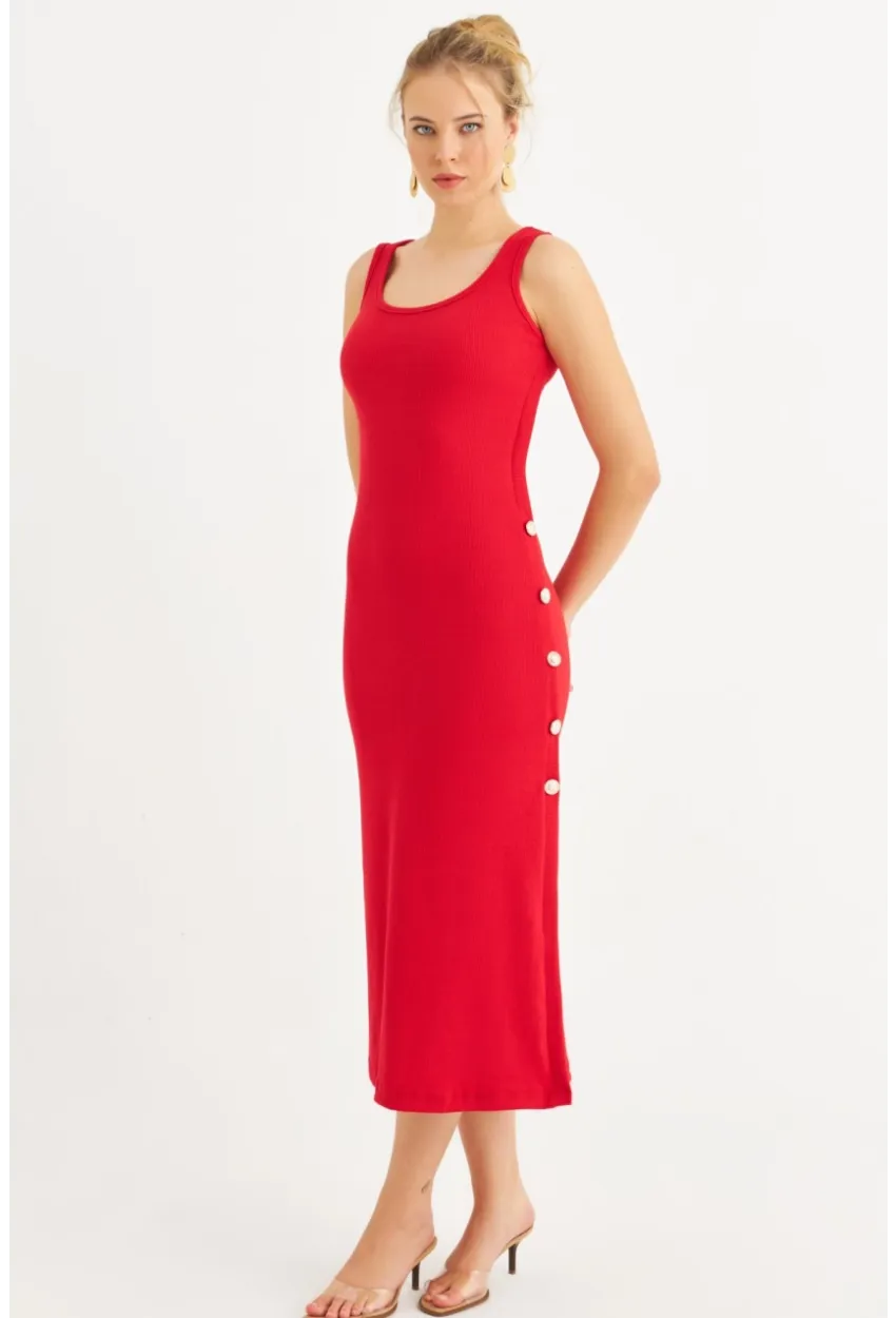 Kadın Kırmızı Düğme Detaylı Kaşkorse Midi Elbise EY2837