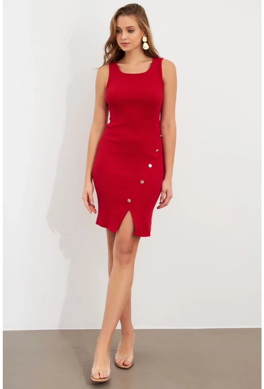Kadın Kırmızı Düğme Detaylı Midi Elbise URO1111