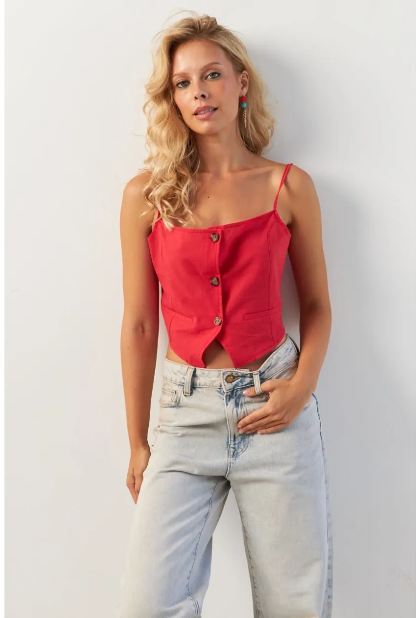 Kadın Kırmızı Düğmeli İp Askılı Yelek MP20153
