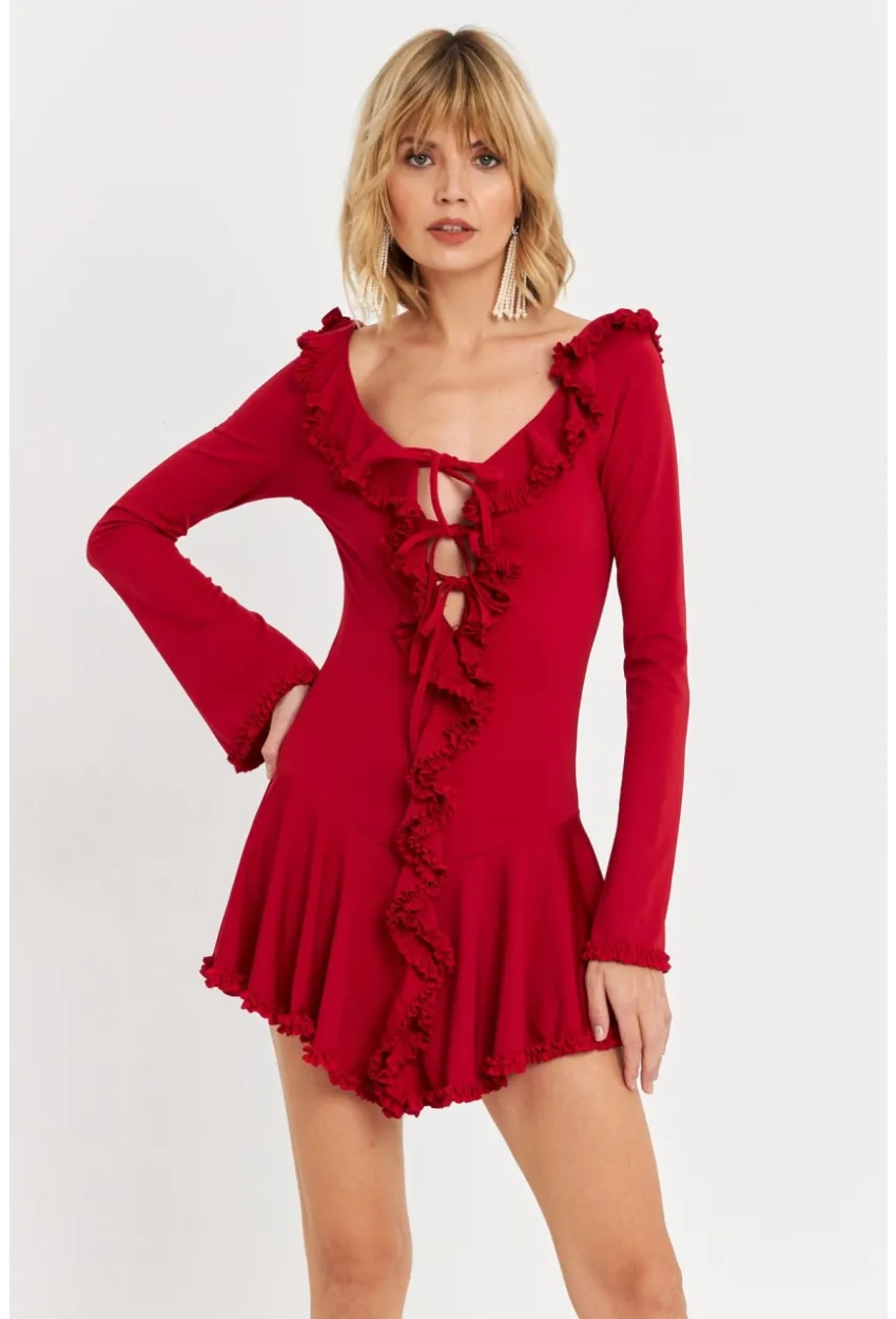 Kadın Kırmızı Fırfırlı Mini Elbise DCF121