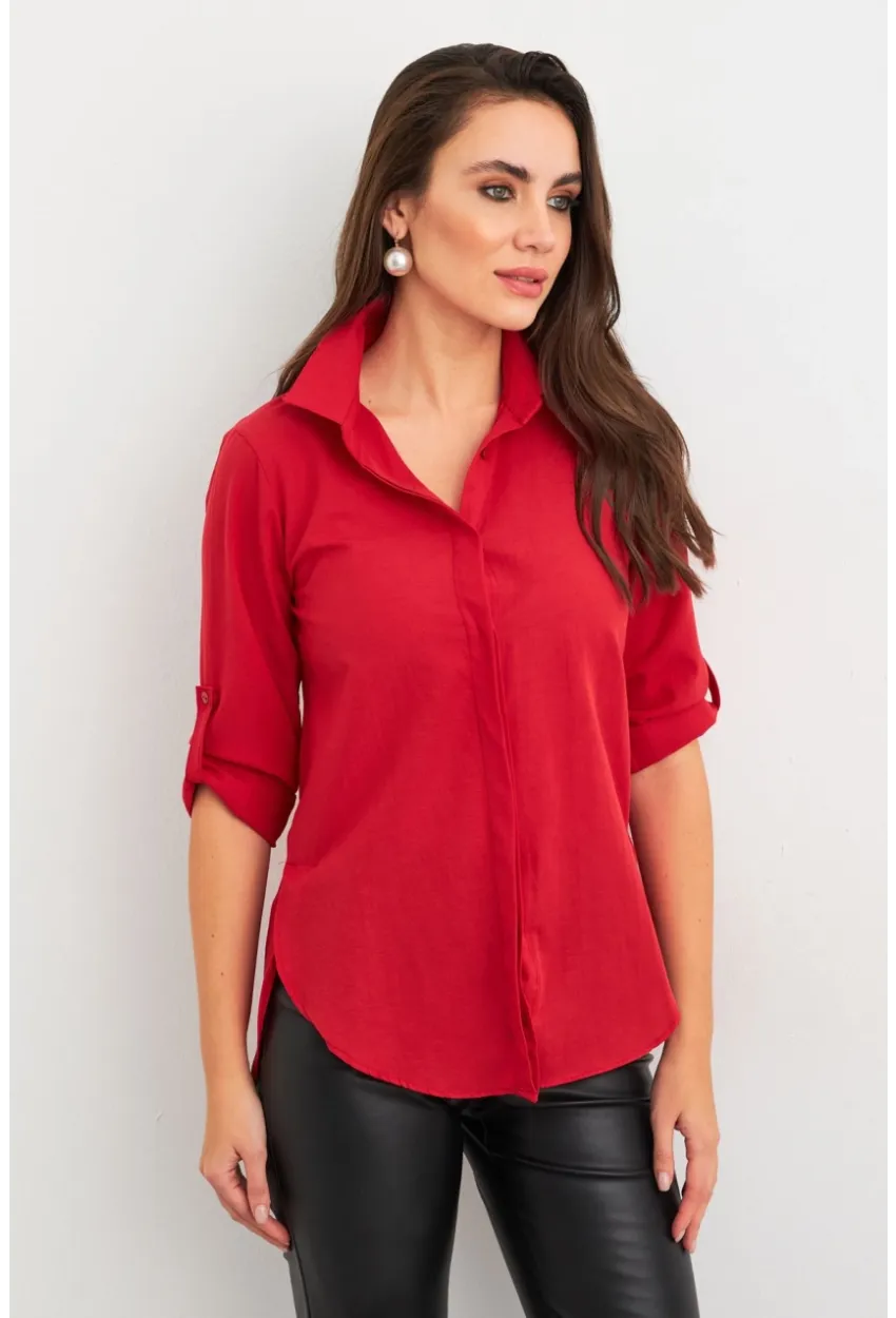 Kadın Kırmızı Gizli Düğmeli Uzun Gömlek SF2001