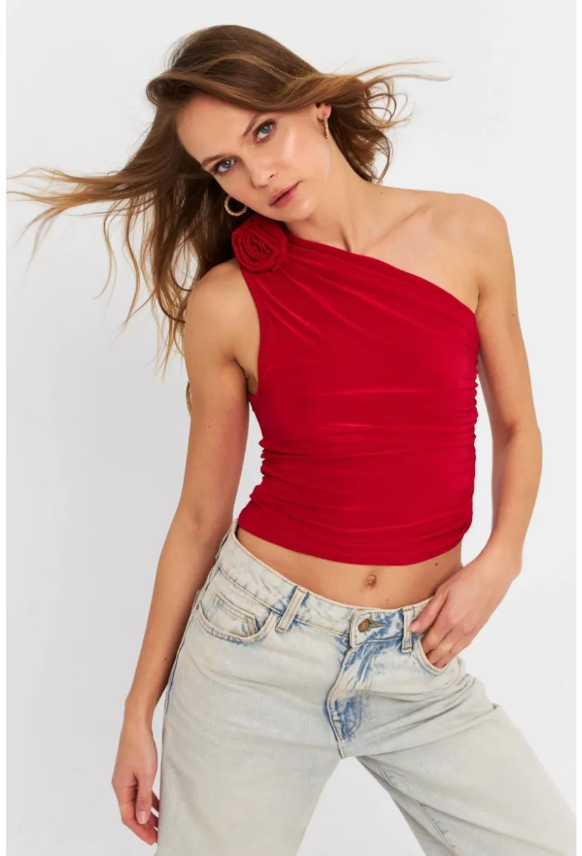 Kadın Kırmızı Gül Aksesuar Detaylı Crop Bluz ELT3925