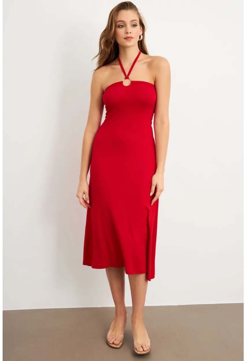 Kadın Kırmızı Halka Detaylı Midi Elbise EY3089