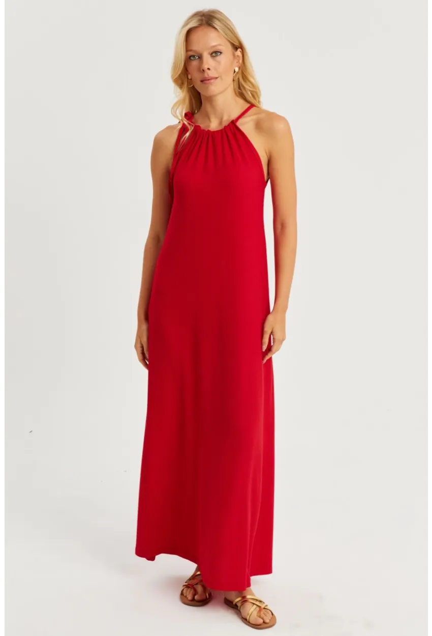 Kadın Kırmızı Halter Yaka Bürümcük Midi Elbise EY2788