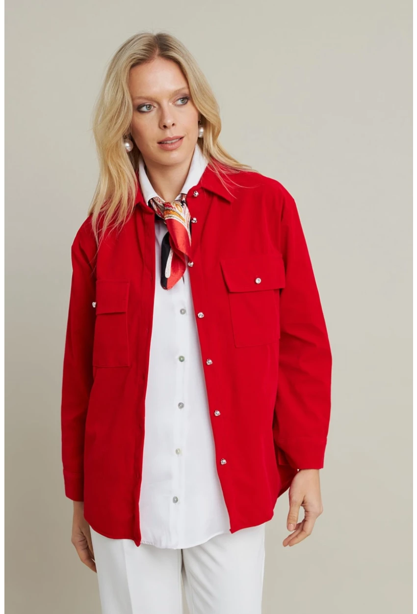 Kadın Kırmızı Kadife Gömlek MCAR1074