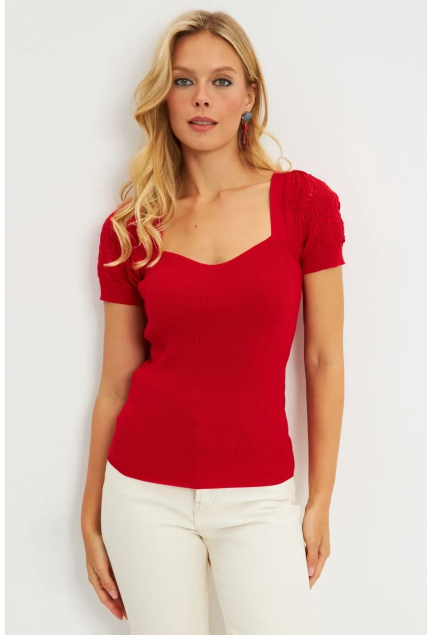Kadın Kırmızı Kalp Taka Triko Bluz SMT228