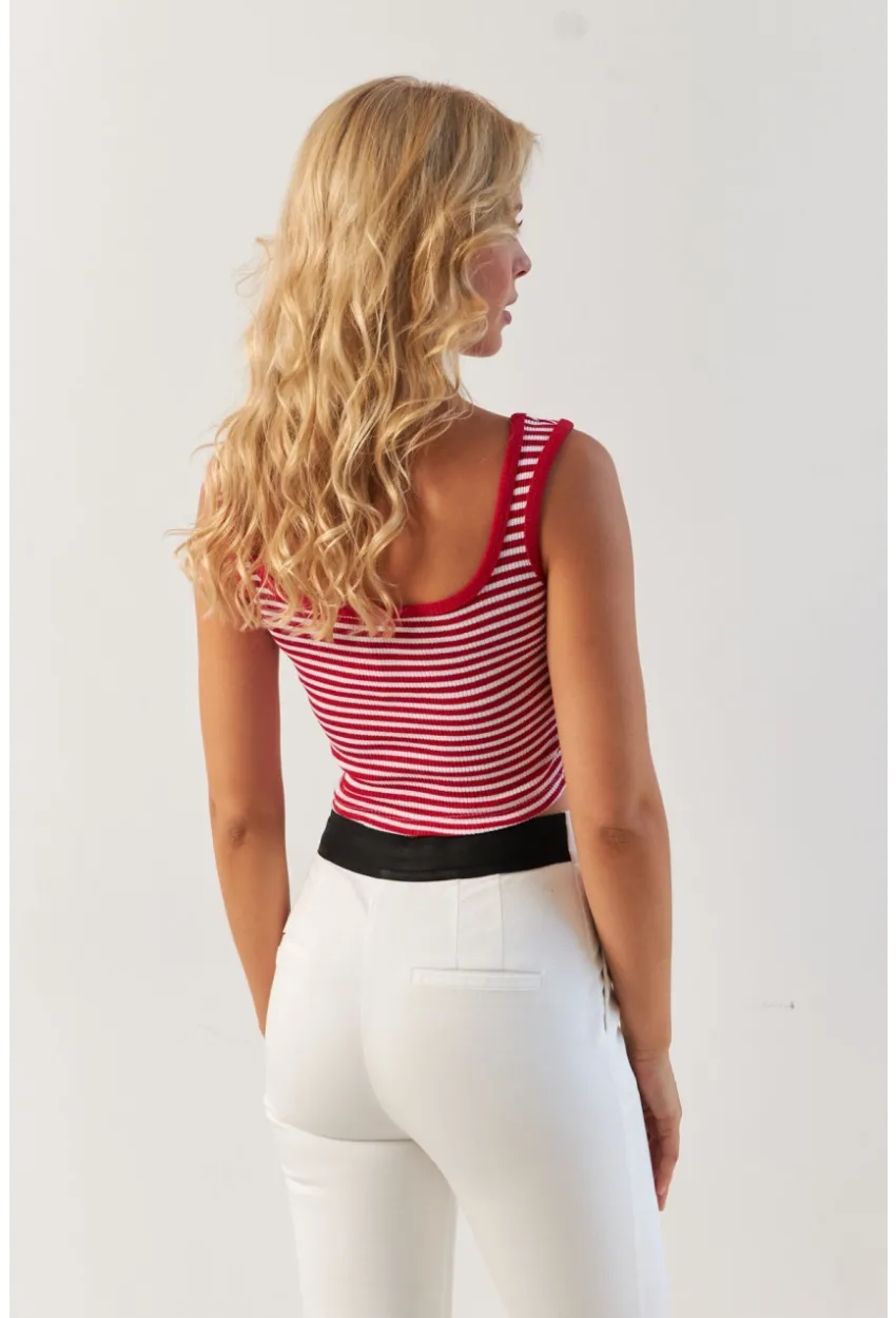 Kadın Kırmızı Kare Yaka Çizgili Bluz XL2036