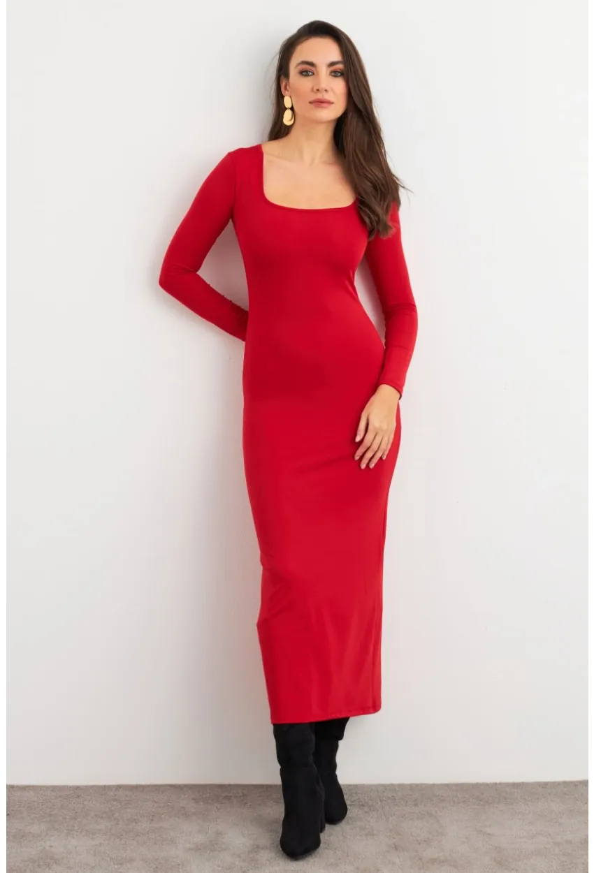 Kadın Kırmızı Kare Yaka Midi Elbise XC8102