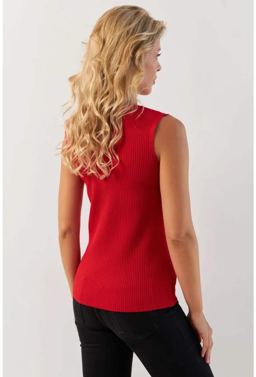 Kadın Kırmızı Kare Yaka Triko Bluz SMT243