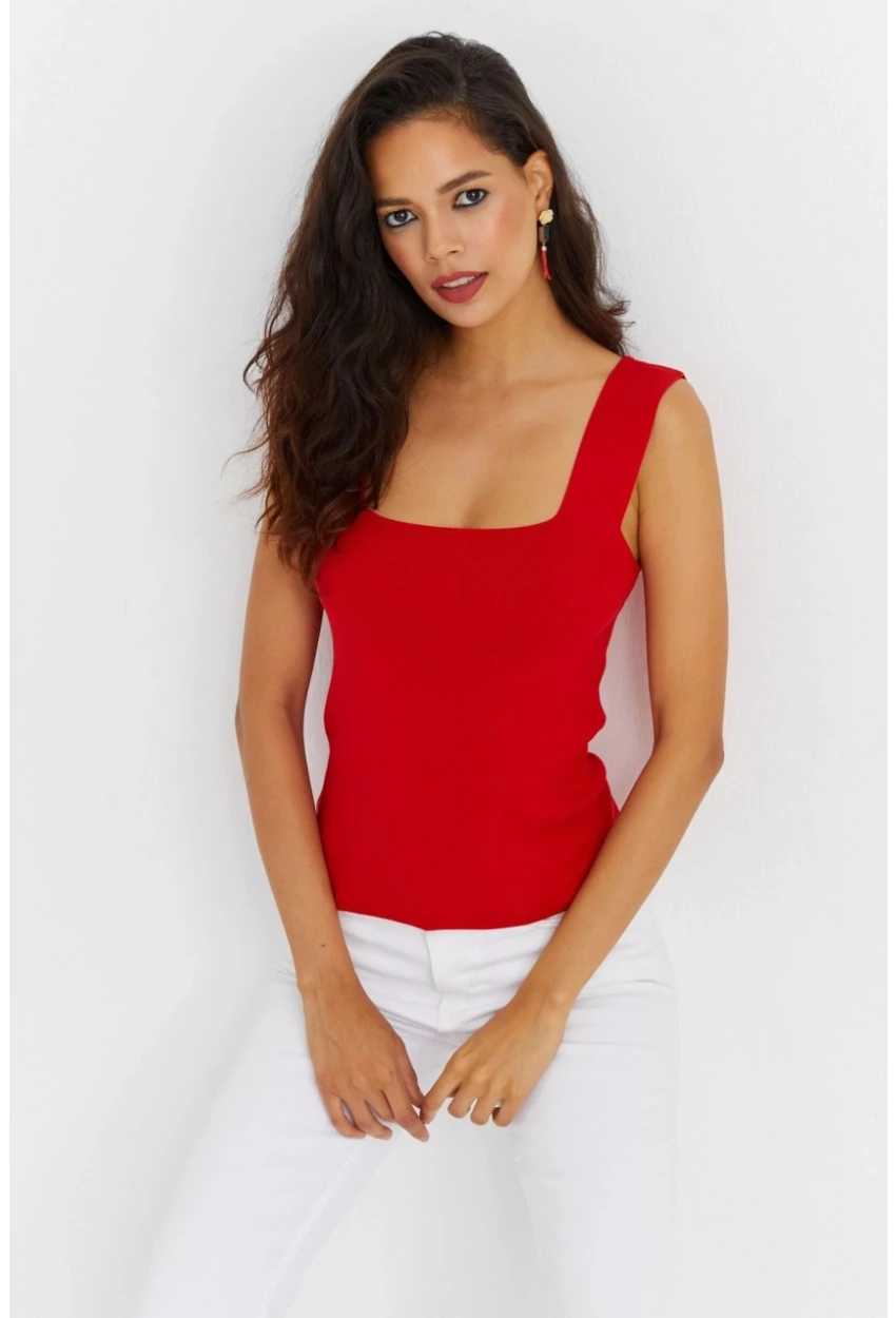 Kadın Kırmızı Kare Yaka Triko Bluz YV87