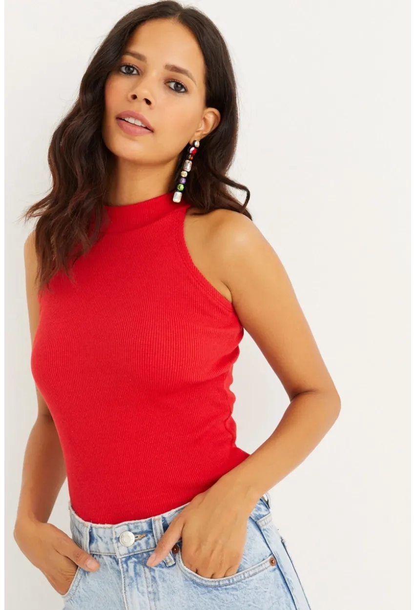 Kadın Kırmızı Kaşkorse Kolsuz Bluz Yİ1566