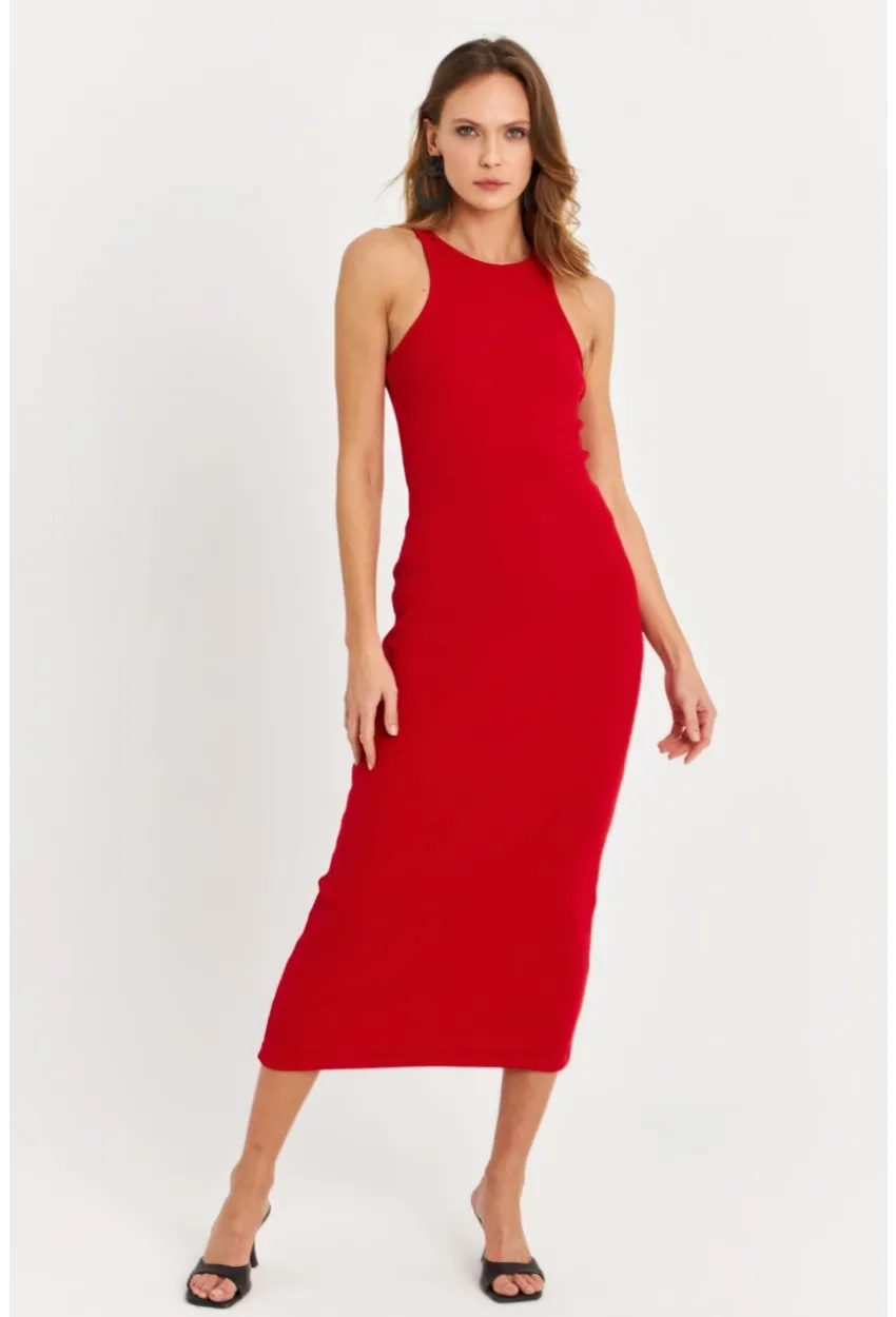 Kadın Kırmızı Kolsuz Kaşkorse Midi Elbise EY3049
