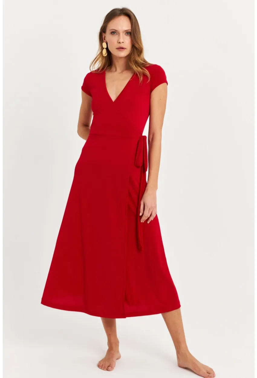 Kadın Kırmızı Kruvaze Midi Elbise EY2785