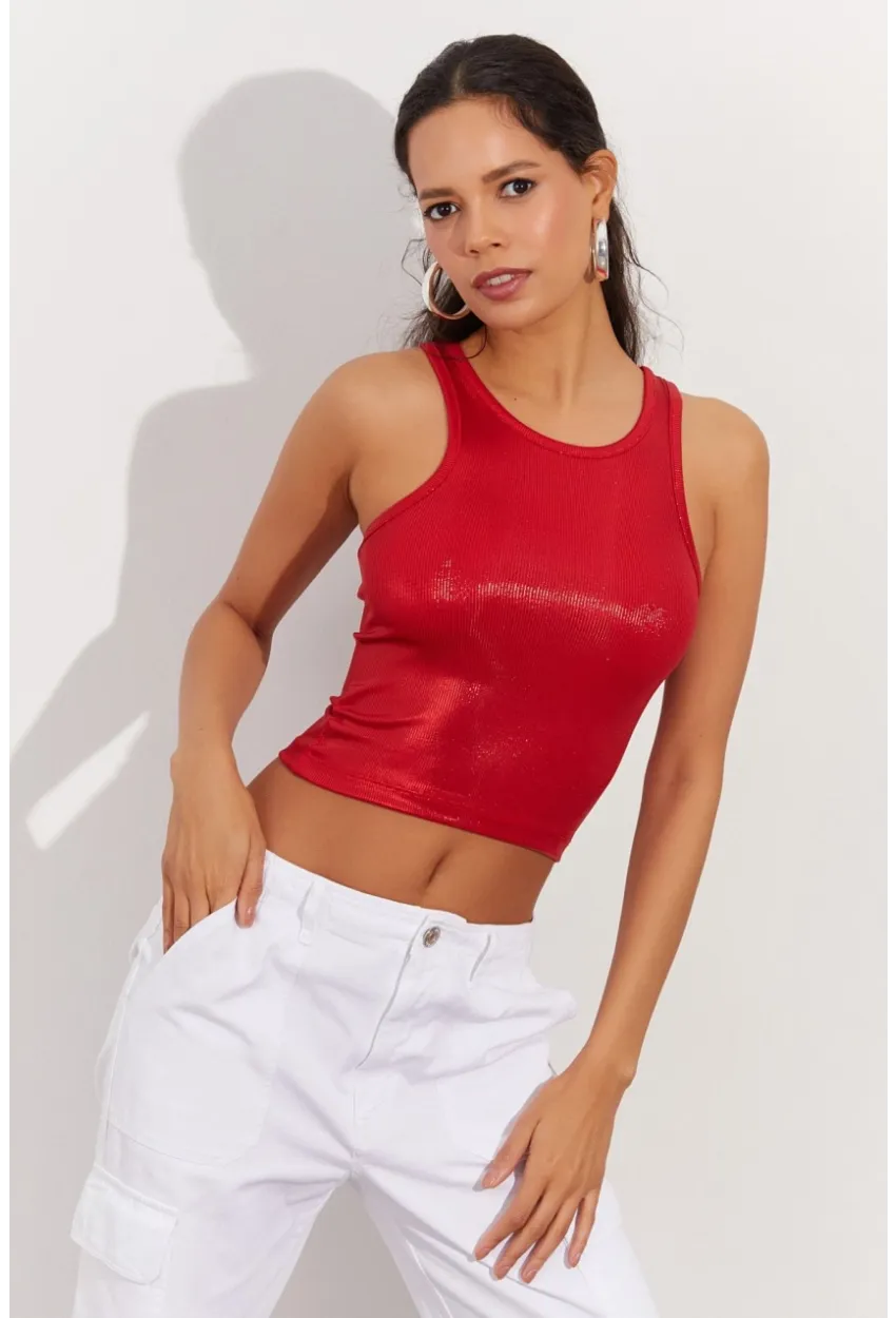 Kadın Kırmızı Metalik Crop Bluz LPP1218
