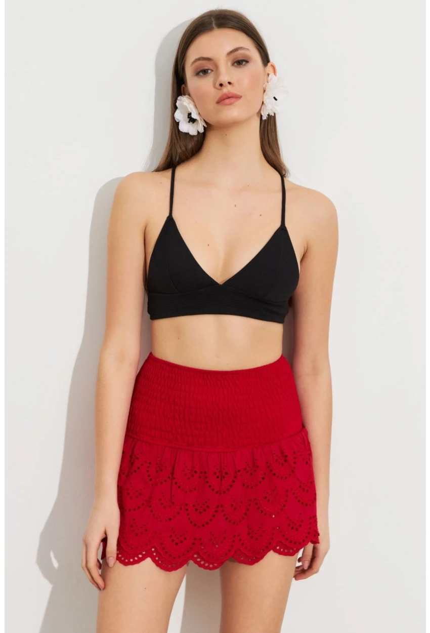 Kadın Kırmızı Nakışlı Mini Etek ZH111