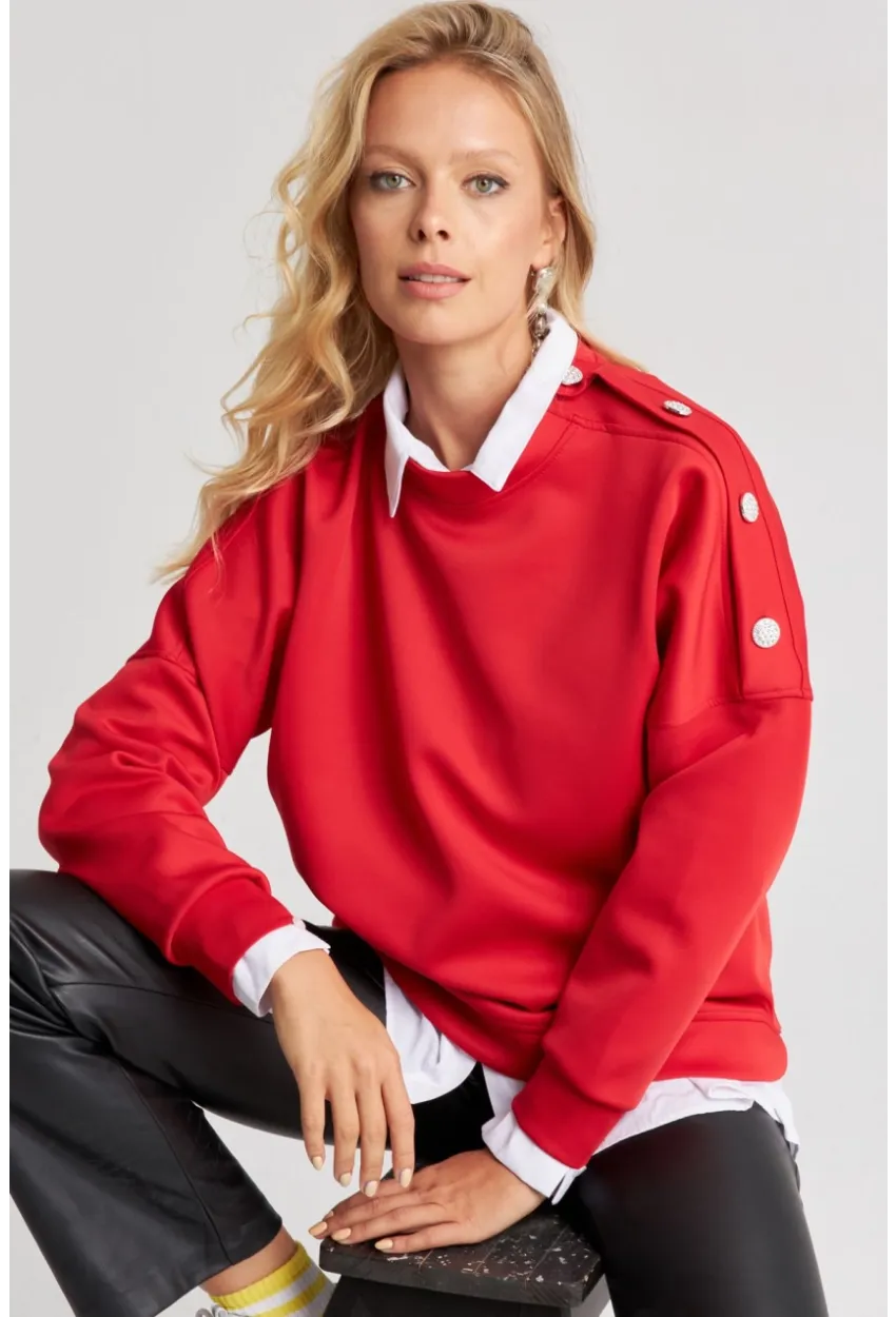 Kadın Kırmızı Omuz Taşlı Dalgıç Sweatshirt ST824