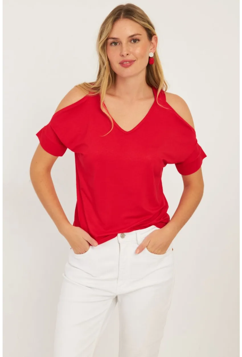 Kadın Kırmızı Omuzları Açık Bluz BR1329