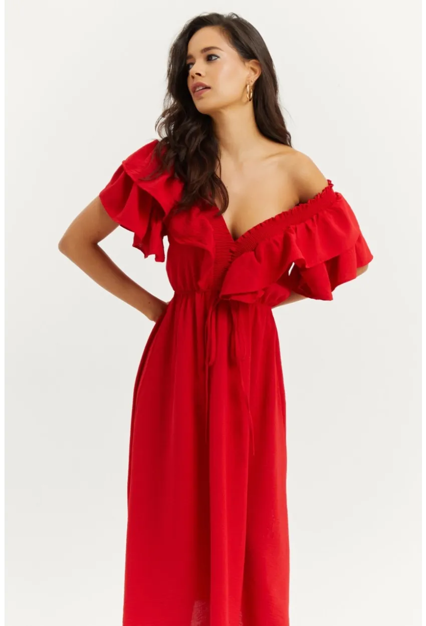 Kadın Kırmızı Ön Arka V Volanlı Elbise KS113