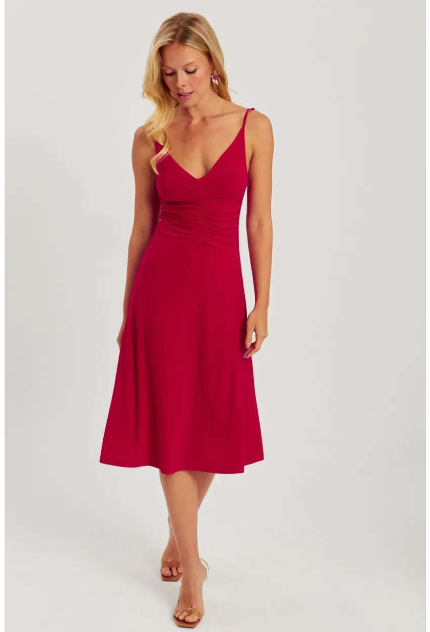 Kadın Kırmızı Önü Büzgülü Midi Elbise HO046