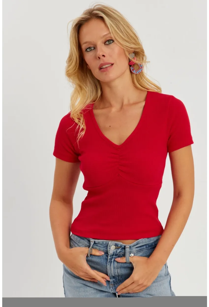 Kadın Kırmızı Önü Büzgülü V Yaka Bluz AYD309