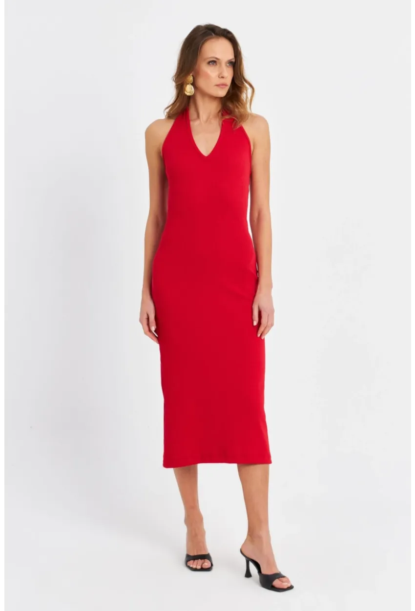 Kadın Kırmızı Pencereli Kaşkorse Midi Elbise EY3063