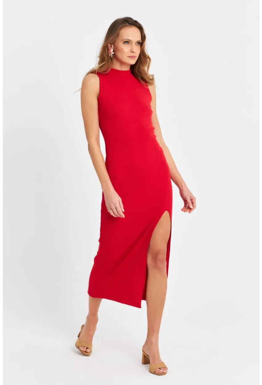 Kadın Kırmızı Sırtı Açık Kaşkorse Midi Elbise EY3064