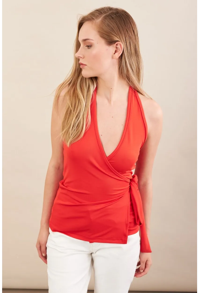 Kadın Kırmızı Sırtı Açık Kruvaze Bluz Ey3095