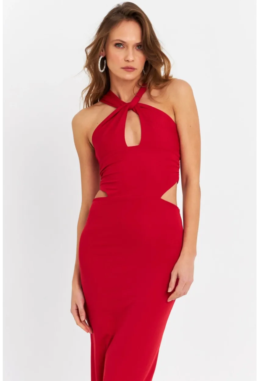 Kadın Kırmızı Sırtı Açık Pencereli Maxi Elbise DCF232