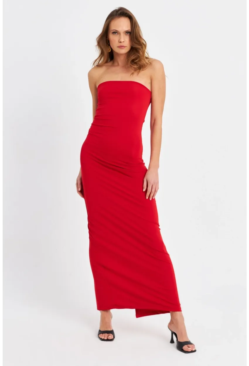 Kadın Kırmızı Straplez Yırtmaçlı Midi Elbise XC005