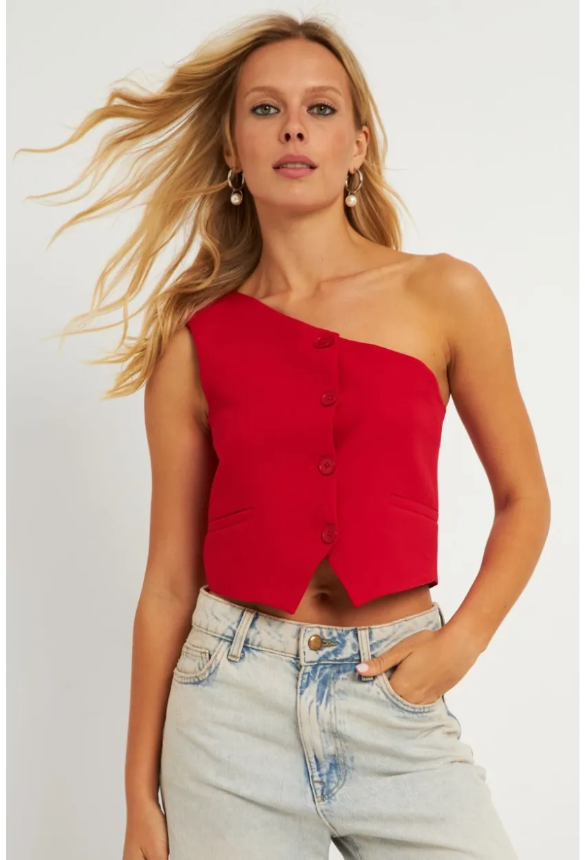 Kadın Kırmızı Tek Omuz Astarlı Yelek TW60140