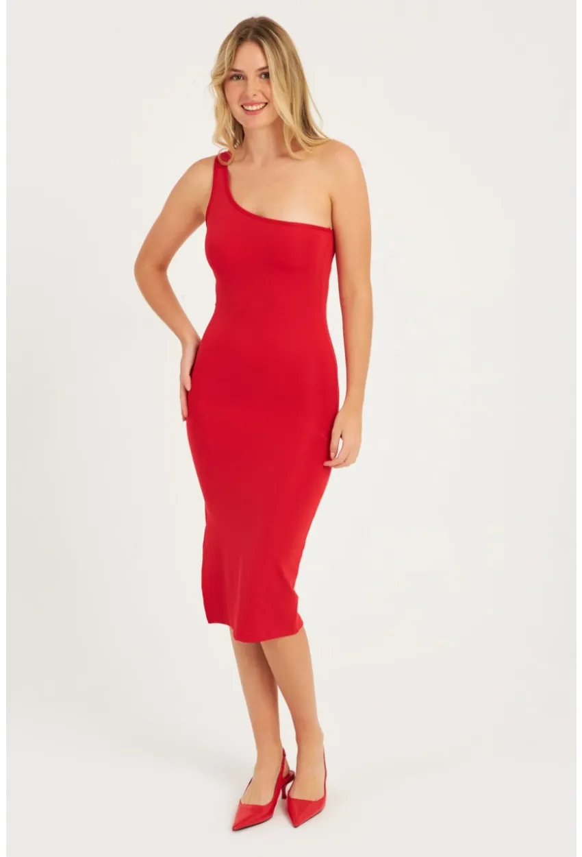 Kadın Kırmızı Tek Omuz Midi Elbise CG343
