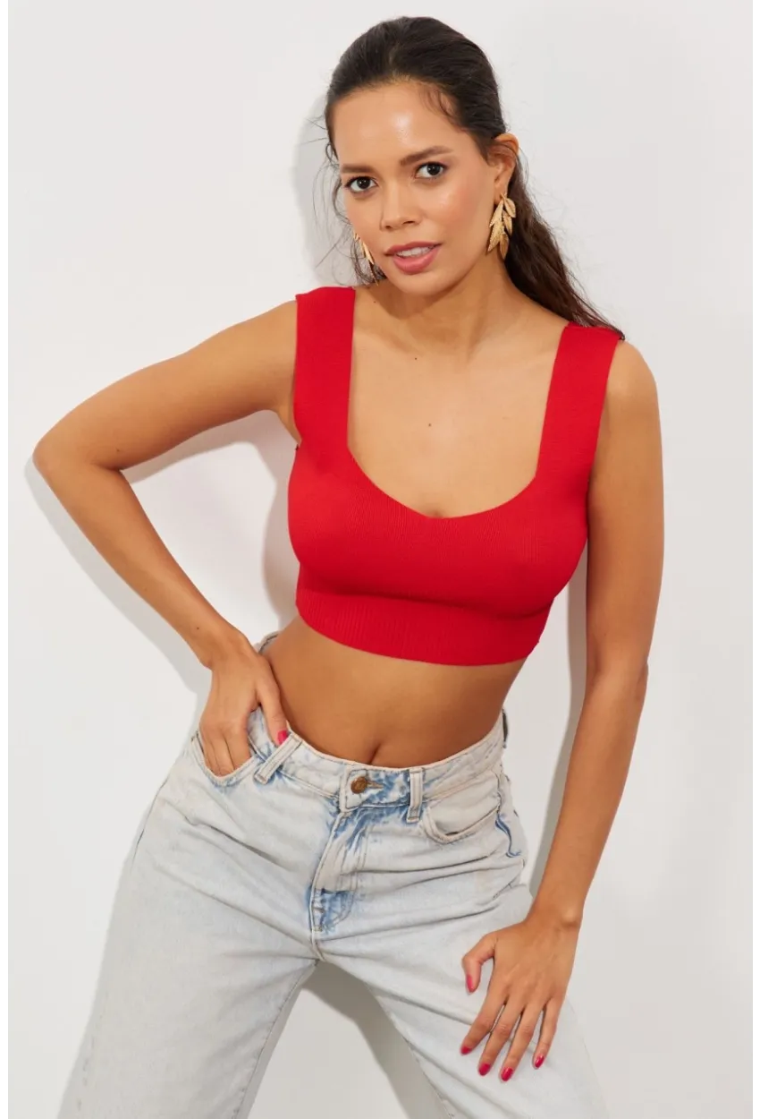 Kadın Kırmızı Triko Crop Atlet YV118