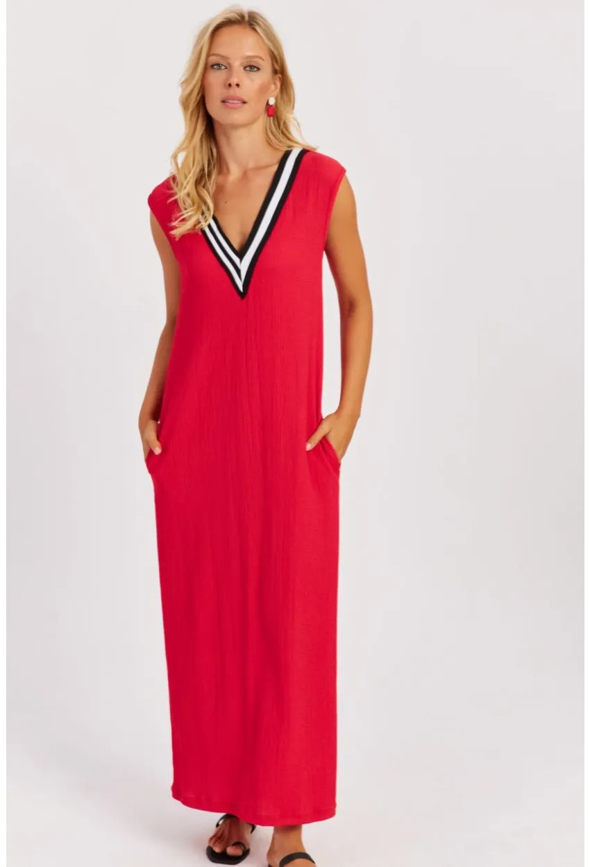 Kadın Kırmızı V Yaka Bloklu Maxi Elbise EY2779