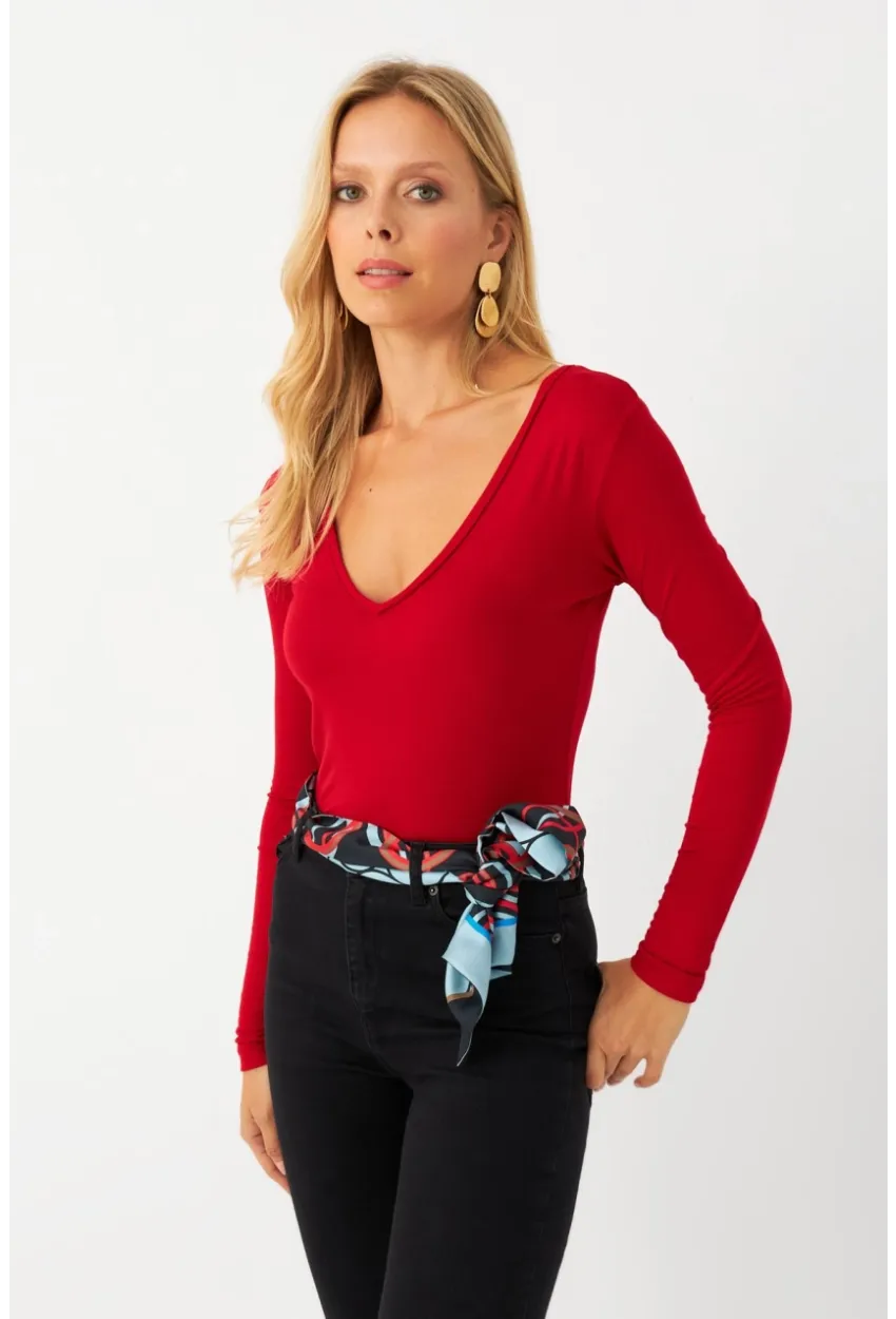 Kadın Kırmızı V Yaka Çıtçıtlı Body Fİ792