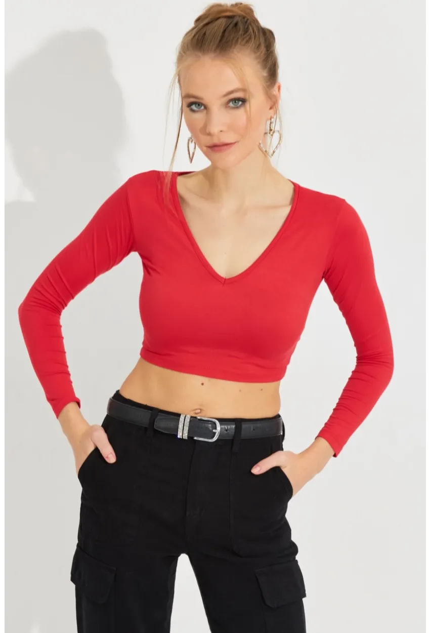 Kadın Kırmızı V Yaka Crop Bluz LPP1241