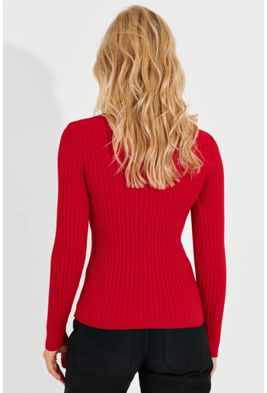 Kadın Kırmızı V Yaka Fitilli Triko Bluz SMT216