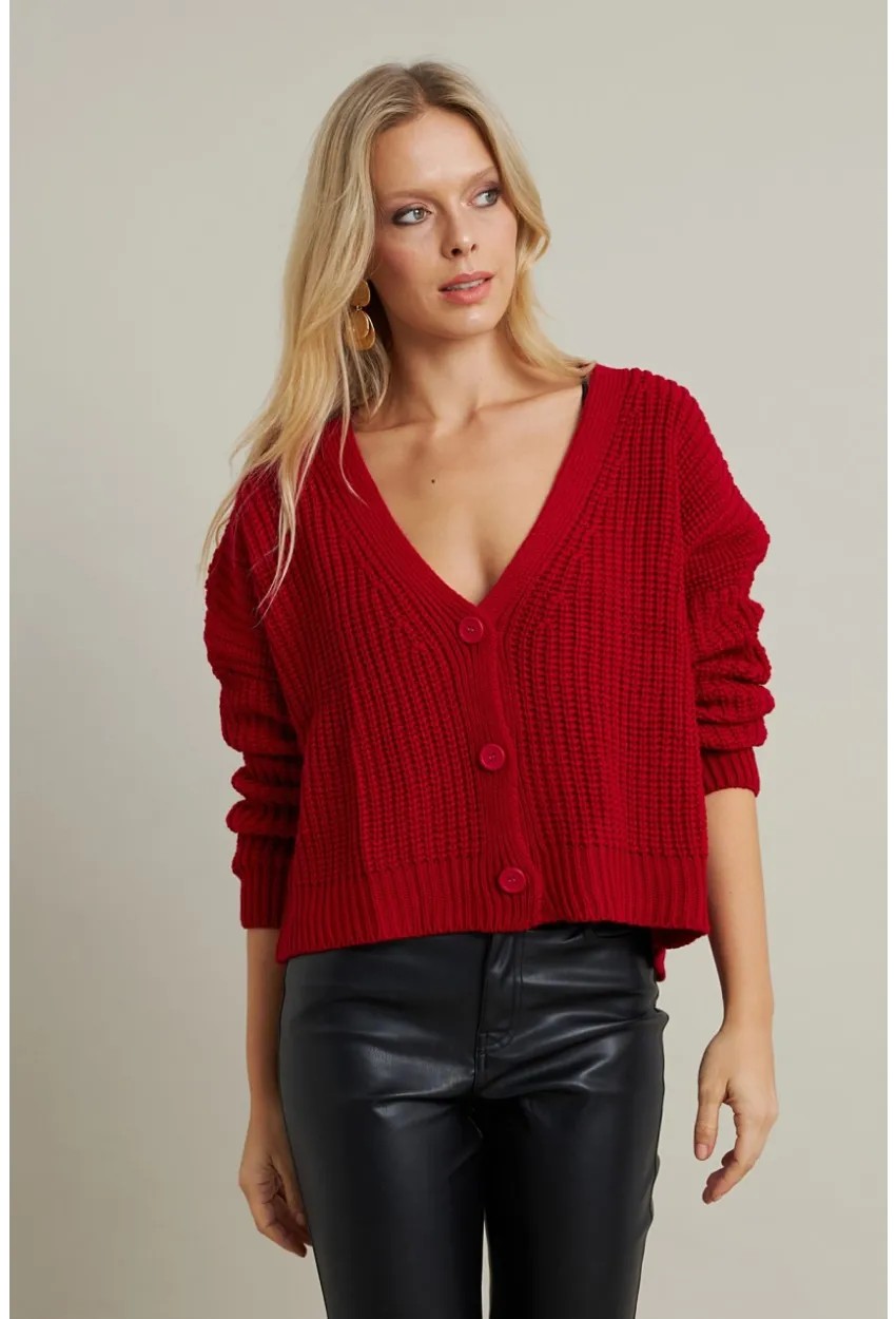 Kadın Kırmızı V Yaka Hırka KAZ35
