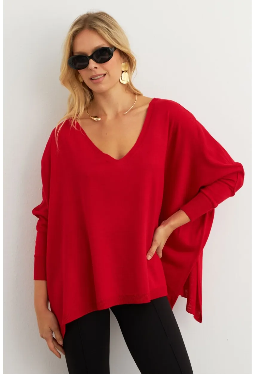 Kadın Kırmızı V Yaka Salaş Bluz YV304