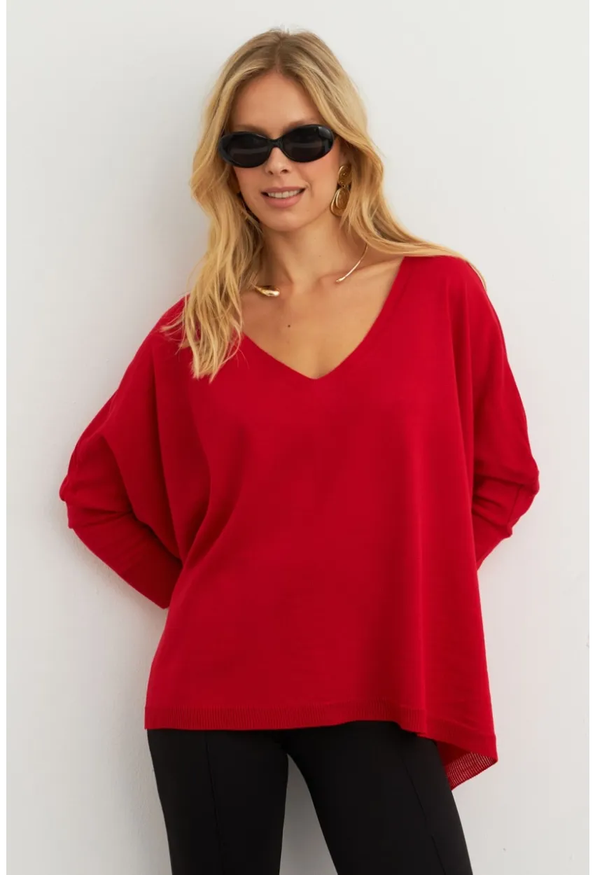 Kadın Kırmızı V Yaka Salaş Bluz YV304
