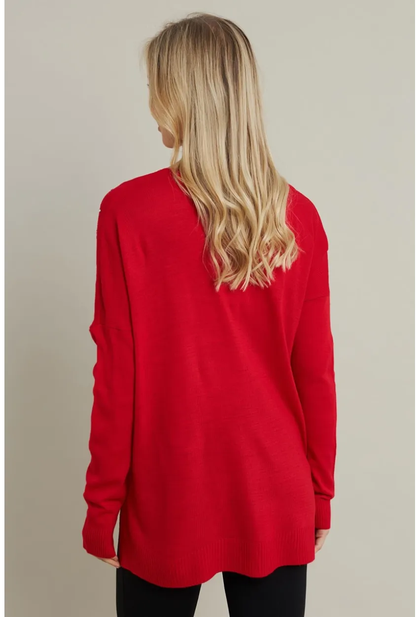 Kadın Kırmızı V Yaka Taşlı İnce Triko Bluz YİL002